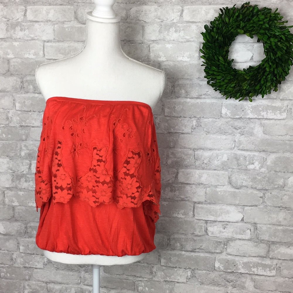 Free People Red Off-Shoulder Eyelet Blouse